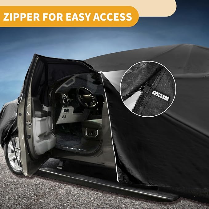Universal Car Cover Waterproof All Weather 210D-PU, UV Sun Rain Protection, Fits for Truck Length 251"-266", with Left Side Zipper, Black
