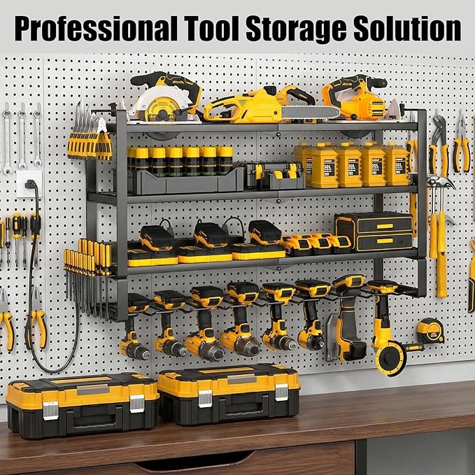 MOOMSINE Large Power Tool Organizer Wall Mount with Charging Station, 400lbs Metal Storage Rack with 8 Cordless Drill Holder, 4 Tier Heavy Duty Battery Tool Shelf with 5 Outlet Power Strip for Garage