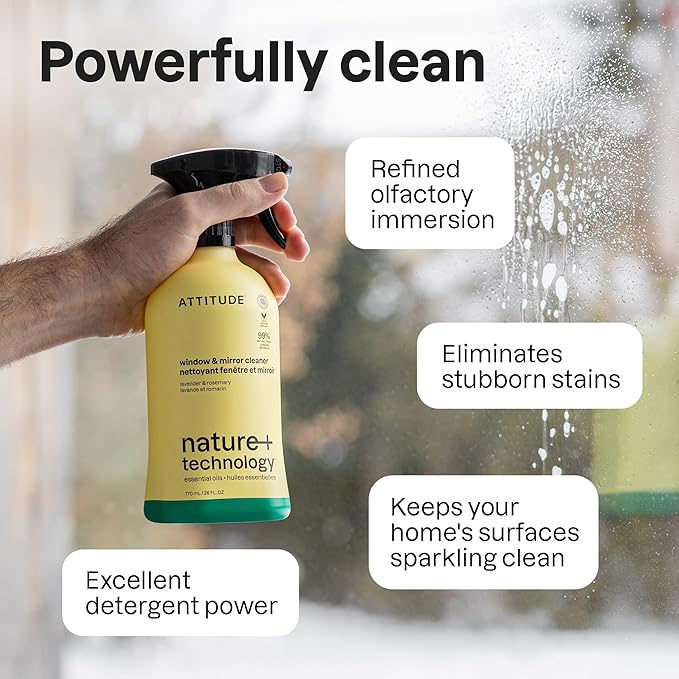 ATTITUDE Window & Mirror Cleaner Spray, Plant-Based Ingredients, EWG Verified, Streak Free, Removes Fingerprints, Dust and Dirt, Lavender & Rosemary, 26 Fl Oz (Pack of 3)