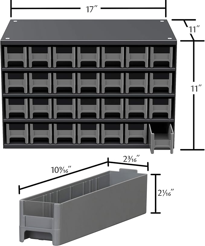 Akro-Mils Steel Garage Storage Cabinet, Small Parts Organizer Metal Cabinet for Hardware, Nails, Screws, Bolts, Nuts, and More, 17" W x 11" D x 11" H, 28-Drawer, Gray Cabinet/Gray Drawers (19228)