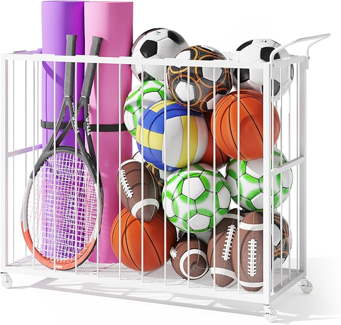 Homsorout Ball Storage Bin Rolling Sports Ball Cart, Metal Garage Organizer Sport Rack, Ball Basket Storage, Ball Cage for Garage or Gym, Indoor & Outdoor Sports Equipment Organizer