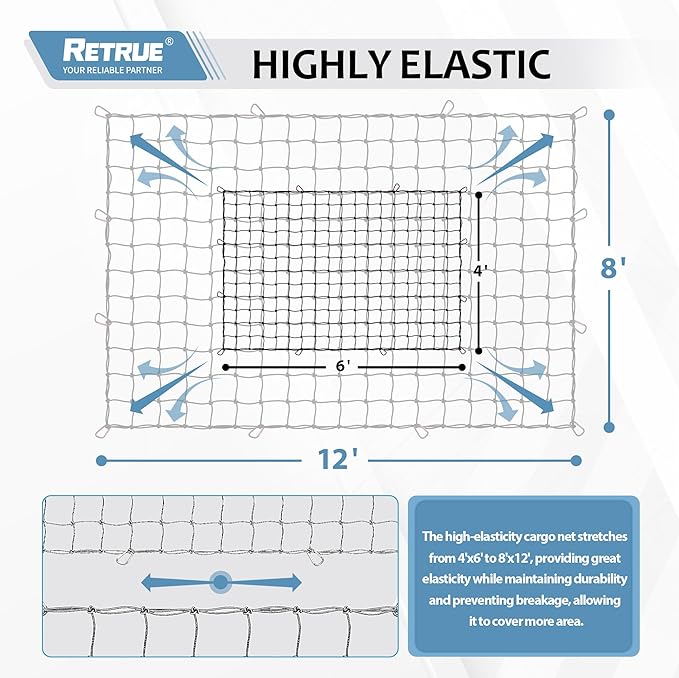 Cargo Net for Pickup Truck Bed 4' x 6' Stretches to 8' x 12' with 12 Metal Carabiners - Truck Bed Accessories for Dodge RAM, Ford, Chevy, Toyota