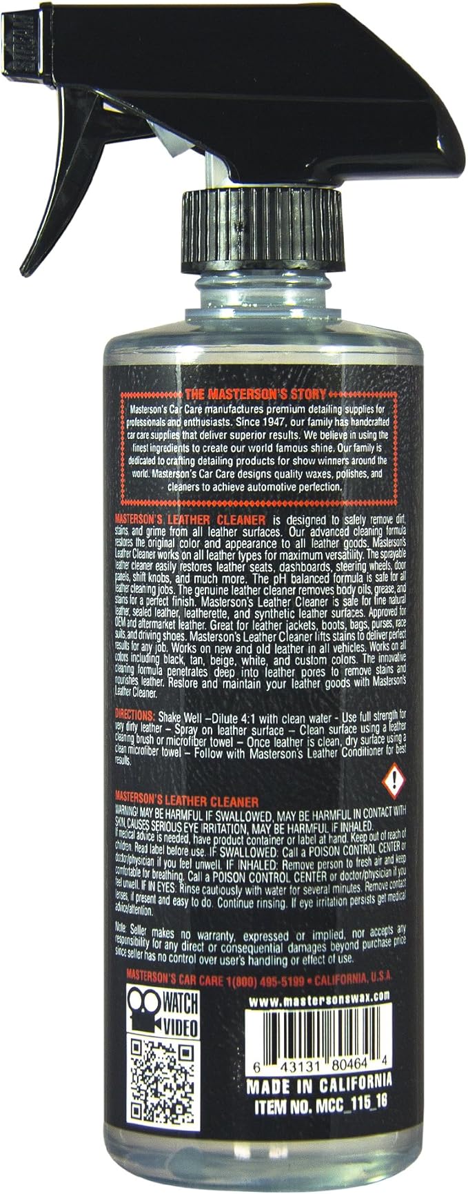 MASTERSON'S CAR CARE MCC_115_16 Leather Cleaner Sprayable Colorless - Works On All Leather Interiors, Seats, Bags, Boots, Apparel, Shoes - Safe PH Balanced Formula (16 oz)