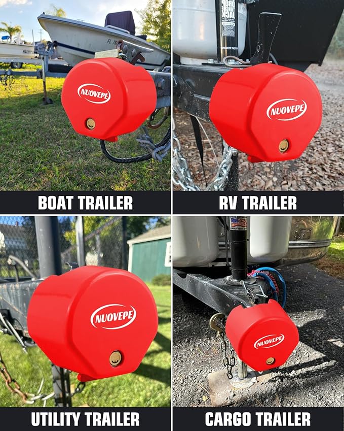 Heavy Duty Anti Theft Trailer Lock, Universal Fit 1-7/8", 2" and 2-5/16" Couplers, Reinforced Solid Steel Tow Lock for Trailer Tongue, Hitch Lock for RV, Cargo, Boat, Camper, Utility (Red)