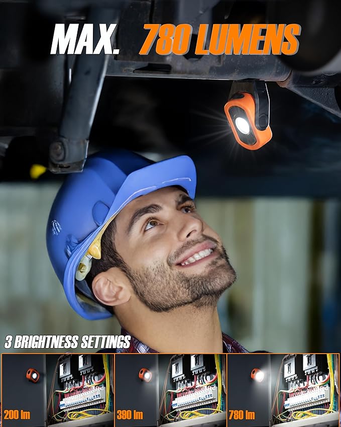 Magnetic Work Light – 780 Lumen Compact Pocket Light, Rechargeable 3000mAh, 360° Pivot, Durable & Portable for Mechanics & Jobsites (Orange, 1-Pack)