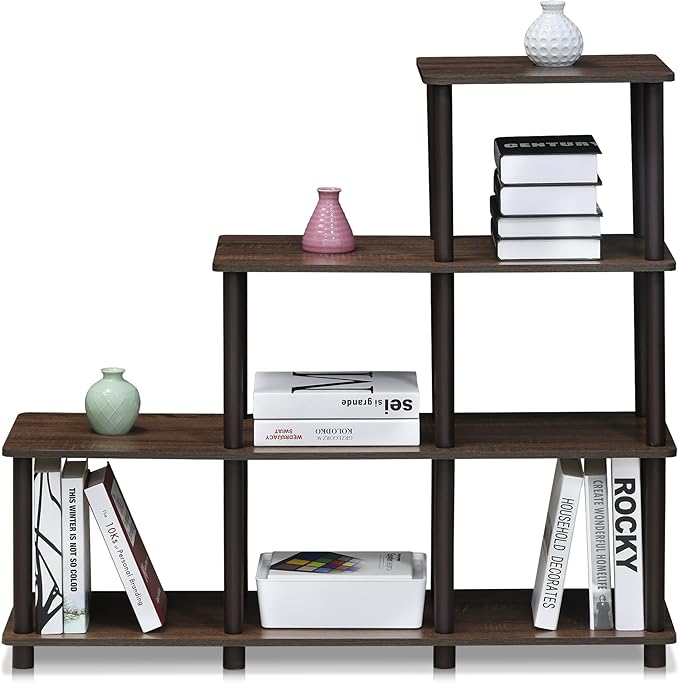 Furinno TURN-N-TUBE Storage Shelves, 4-Tier Ladder Book Shelf, Corner Shelf, Toolless Open Shelves, for Organization and Storage, Living Room, Garage, Home Office, Walnut