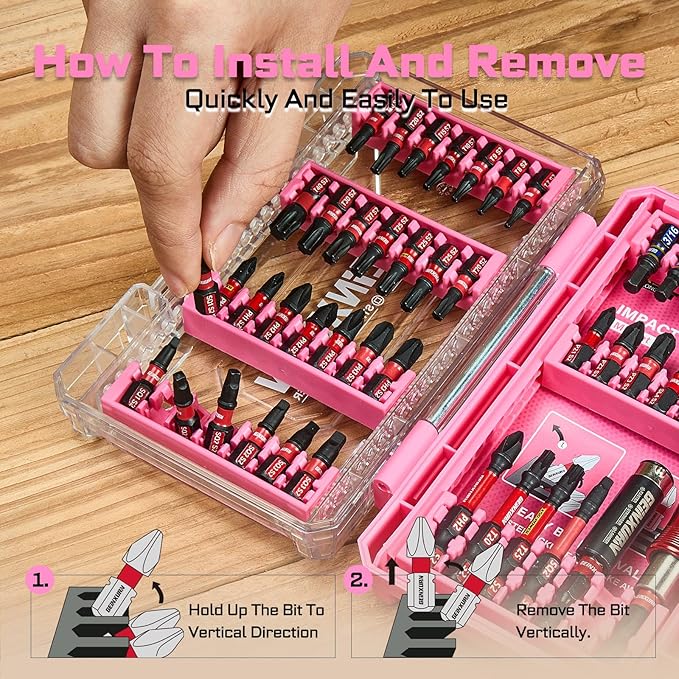 Geinxurn 48Pieces Impact Screwdriver Bits Set, Magnetic S2 Steel Phillips/Slotted/Square/Torx Insert Power Bits Tips, Impact Bit Holder with Pink Storage Box Case
