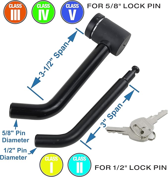 TOPTOW 63530 Trailer Hitch Receiver Lock, Right Angle Dual Pins 1/2" & 5/8" Diameter, Heavy Duty Bent Locking Pin, Black