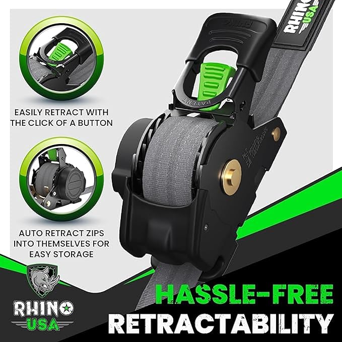 Rhino USA Retractable Ratchet Straps (2-Pack) - 1 Inch x 10 Feet (1,209lb Break Strength) - Auto Self Retracting Tie Down Straps for Truck, Cargo Trailer, Motorcycle, ATV, UTV - Gray