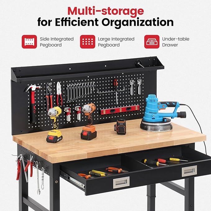 ENJOYWOOD 48" x 24" Rolling Workbench Adjustable Height Work Table with Wheels, Drawers, Pegboard and Power Outlets Heavy Duty Rubberwood Top for Garage, Workshop & Home