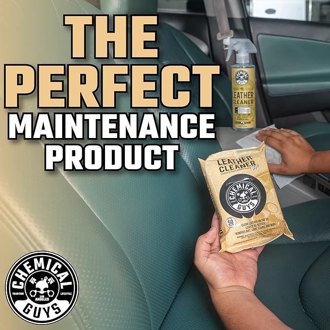 Chemical Guys Leather Cleaner Wipes Mega 50 Pack - Interior Leather Wipes for Cars, Natural, Synthetic, Faux & Pleather Surfaces, Safe for Cars, Trucks, Furniture, Boots & More, Convenient 50 Count