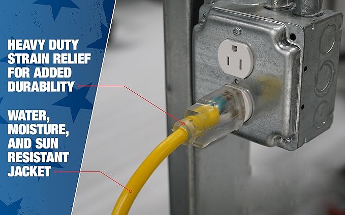 Southwire Outdoor Extension Cord – Durable Vinyl Jacket for For Farm, Ranch & Workshop - Lighted End With Reinforced Blades - SJTW, Yellow - 12 Gauge, 3 Prong - 100 Feet
