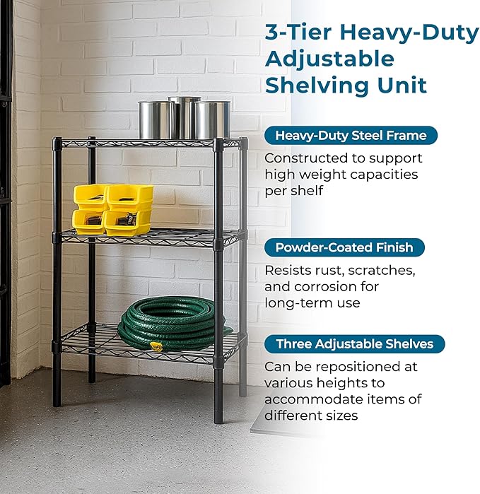 Honey-Can-Do 3-Tier Heavy Duty Adjustable Shelves, Metal Storage Rack With 250-lb Shelf Capacity, Black, 14" W x 24" L x 30" H