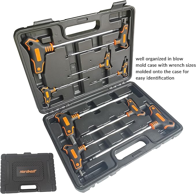 NordWolf 9-Piece T-Handle SAE Allen Wrench Set, S2 Steel Long Arm Ball End Hex Keys, Sizes 5/64" to 3/8" in Storage Box