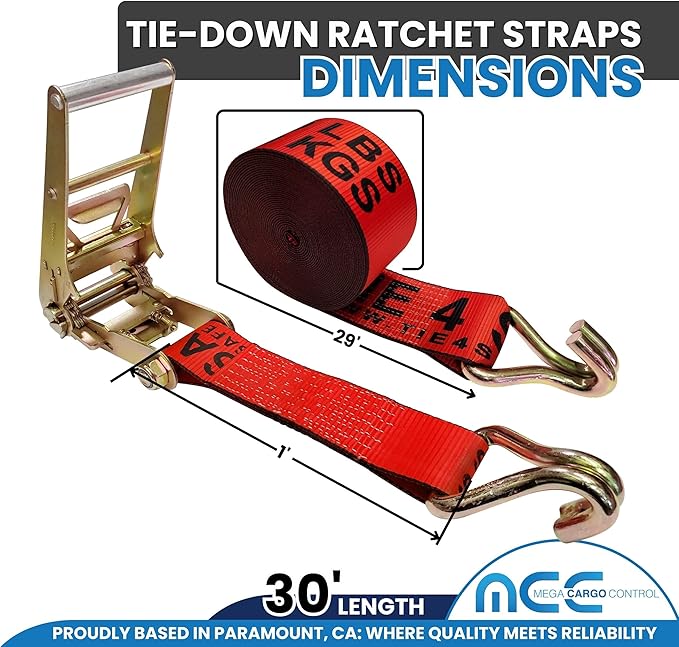 Mega Cargo Control 3" x 30' Heavy Duty Ratchet Straps with Wire Hooks, 16,200 Lbs Break Strength for Pick Up Trucks, Flatbeds, Trailers (RED-10