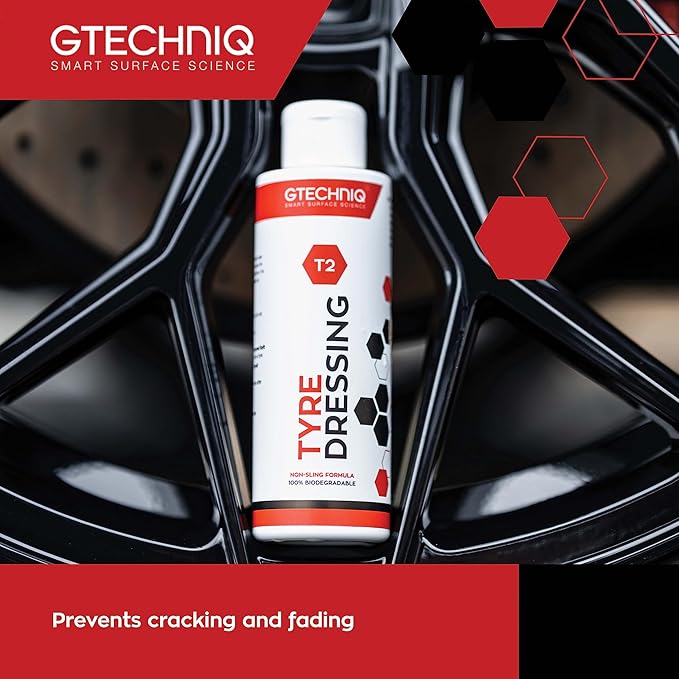 Gtechniq T2 Tire Dressing for Car Tire Shine. 8.5 fl oz | Repels Water, Dirt and Grime, Restores Tire Black Finish, Long Lasting Protection and Shine, Quick and Easy Wipe-On-Wipe-Off Application