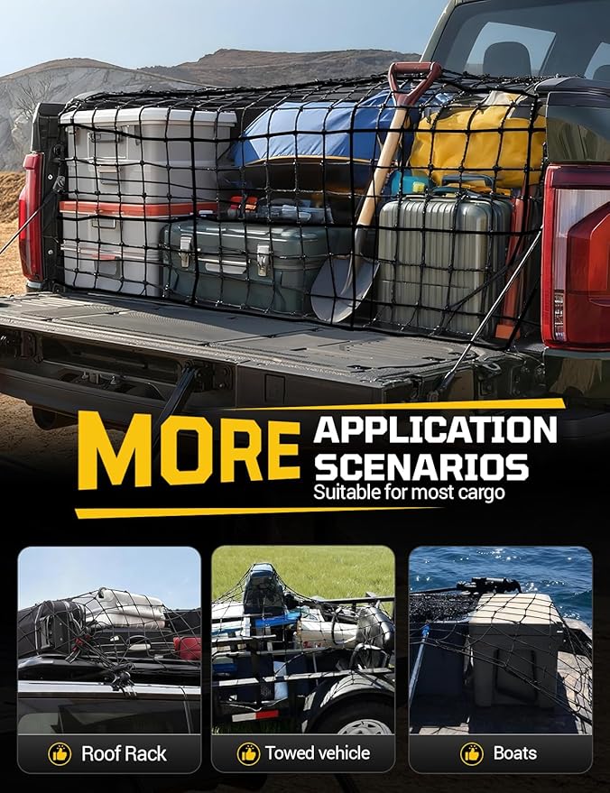 AUTOWN Cargo Net for Pickup Truck Bed - Stretchable 4' x 6' to 8' x 12' with 4" x 4" Mesh, Heavy Duty 10mm Cord Bungee Bed Netting with 12 Metal Carabiners - Ideal for ATV, SUV, UTV and Truck