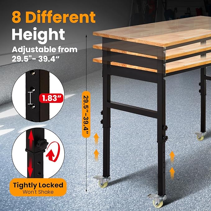 48" x 24" Heavy Duty Adjustable Workbench with Casters & Thickened Legs, 8-Level Height Adjustment, with Scale, Pegboard and Hooks, Rubberwood Worktable for Garage or Work