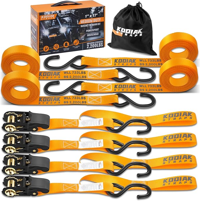 KODIAK STRAPS Ratchet Straps Heavy Duty Tie Down Strap Set 2200 Break Strength – 1" x 17' 4pk with Soft Loops Cargo Truck Bed Tie Downs – Coated Deep S-Hook & Carry Bag for Moving, Securing Cargo
