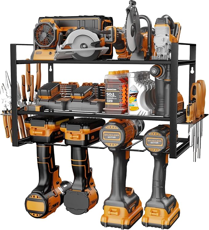 Wall Mount Tool Organizer, 3-Layer Heavy Duty Metal Rack for 4 Drills, with Screwdriver and Hammer Holder, 150 Lbs Capacity, Garage and Workshop Storage (trumpet, 3-4)
