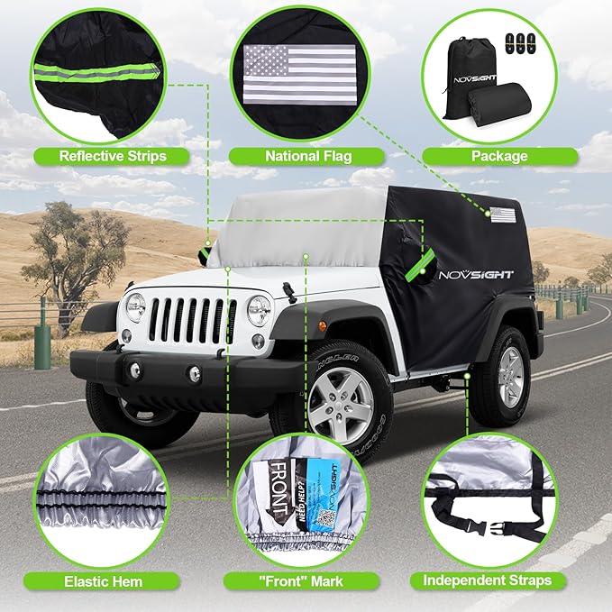 NOVSIGHT Cab Cover for Jeep Wrangler 2 Doors - 2007-2025 CJ, TJ, JK, JL, All Weather Half Car Covers for Wrangler 2 Door with 3 Straps Anti-UV Windproof Rain-Proof Auto Cover with Storage Bag
