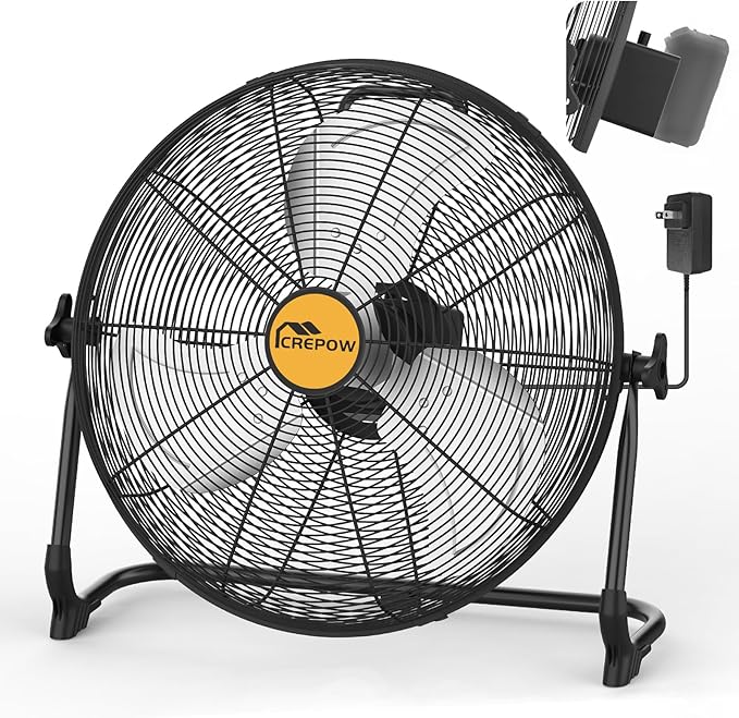 16" Battery Operated Floor Fan Compatible with Dewalt 20V Max Battery, Portable Cordless Fan with AC Adapter, USB and Type C Output, Variable Speed Fans for Jobsite Garage Camping (No Battery)