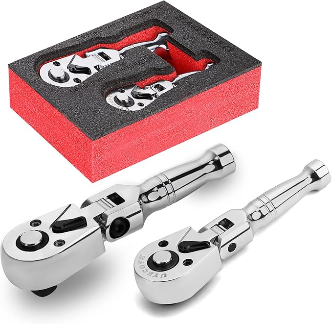 1/4 3/8 Inch Drive Stubby Ratchet Set, Flex Head Ratchet Set Stubby Ratchet Wrench Set, 72 Tooth Quick Release Swivel Head Ratchet Flexible Socket Wrench with Storage Tray-4"&4.9"