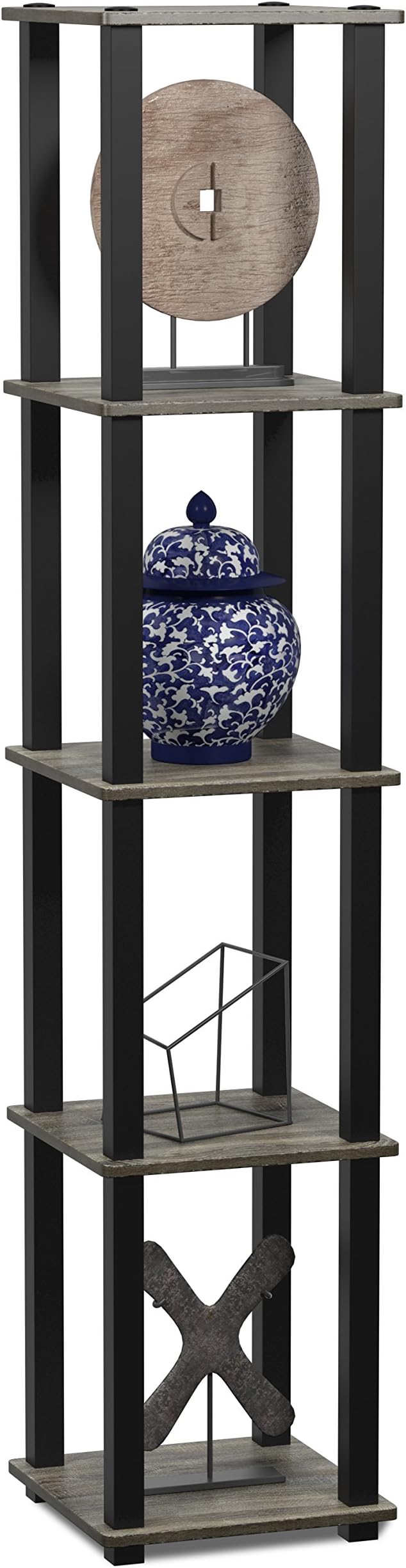 FURINNO Turn-S-Tube 5-Tier Corner Square Rack Display Shelf, French Oak Grey/Black
