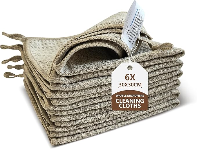 6Pcs Waffle Pattern Microfibre Glass Cleaning Cloth with Lanyard, 340GSM, Lint Free Glass Cloth for Polishing Mirrors Stainless Steel, All-Purpose Microfiber Towels(Khaki, 30 x 30 cm)