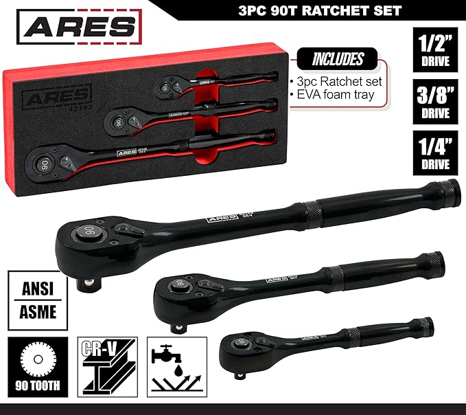 ARES 42143-3-Piece 90 Tooth Ratchet Set - Chrome Vanadium Steel, Black Oxide Finish - Quick Release for Easy Socket Change - Reversible Design - 4 Degree Swing – Automotive Ratchet Set