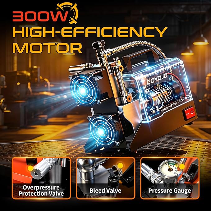 GOYOJO AC-2 PCP Air Compressor, 4500Psi/30Mpa Portable Oil-Free Pump for PCP Airguns & HPA Paintball Tanks, Dual Power 12V DC & 110V/220V AC with Converter, Safety Pressure Relief Valve