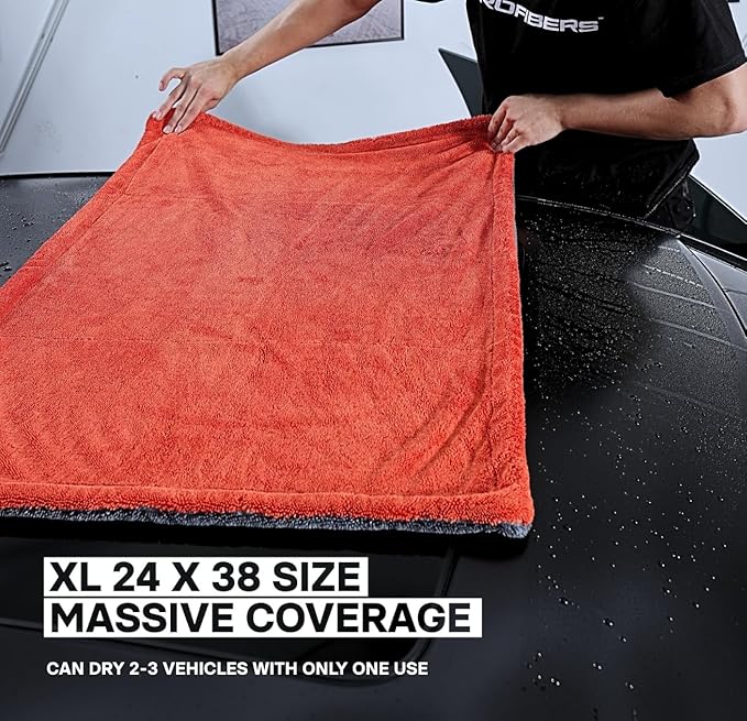 Juggernaut 1600 GSM Car Drying Towel, Holds 13 lbs, Extra Large 38x24 Microfiber Drying Towels Car Detailing, Twisted-Loop, Streak/Scratch-Free, 70/30 Blend (Red)