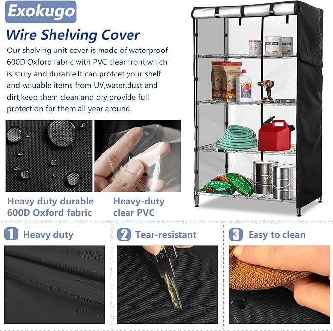 Wire Shelf Cover,600D Heavy Duty 100% Waterproof Shelf Covers for Wire Shelving,Outdoor Storage Shelves Cover for Metal Rack,36" W x 18" D x 72" H,Black with Clear Front
