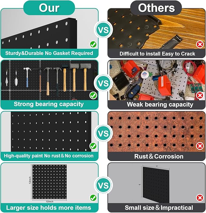 Peg Board, 4 Pack Metal Pegboard Panels Black Pegboards Wall Organizer with Bent Frame Large Heavy Duty Peg Board for Walls Home, Garage Tool Storage, Office Organization, Craft Room, Kitchen