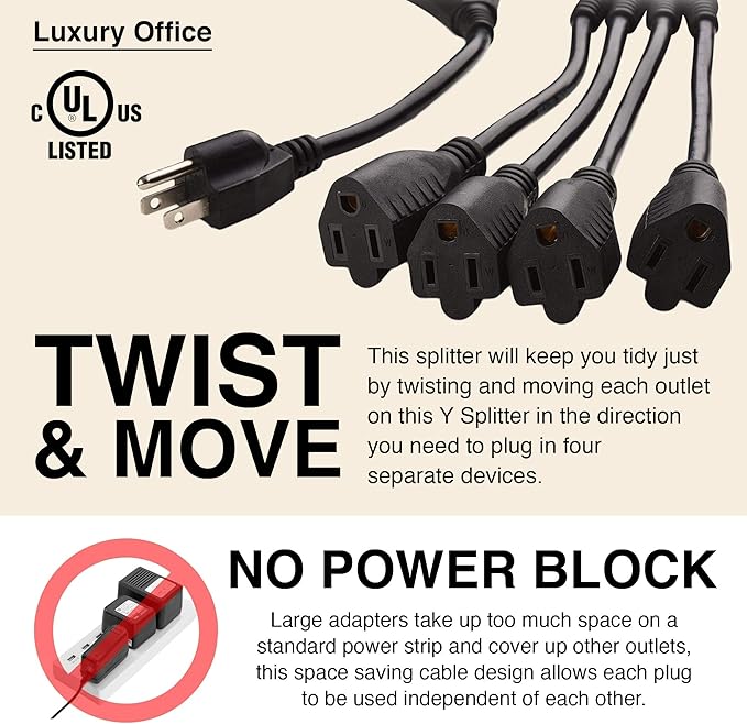 4 Way Power Splitter - 1 to 4 Extension Cord Splitter, 1.5' Short Extension Cord UL Listed, Outlet Splitter 3 Prong, Power Strip Outlet Plug, Y Style Extension Cord, Black, SJT 16 AWG by Luxury Office