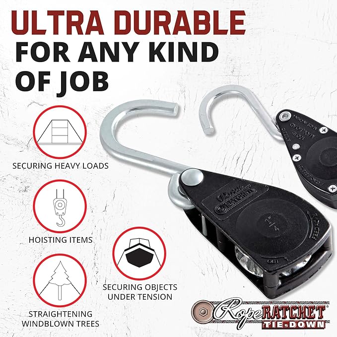 Rope Ratchet 1/4" Tie Down Pulley Hanger, Heavy Duty Locking Mechanism, Tightener for Shade Sails, Hammocks, Canopy Anchoring, Garden Hoisting, Outdoor Use, 150 lbs Capacity - No Rope Included
