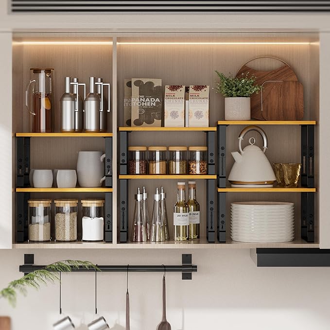 Kitchen Cabinet Organization Shelf，Set of 2 Height Adjustable Storage Racks，Stackable，Expandable，Countertop Shelves Organizer，Pantry Shelving（2PACKS/Medium/Black