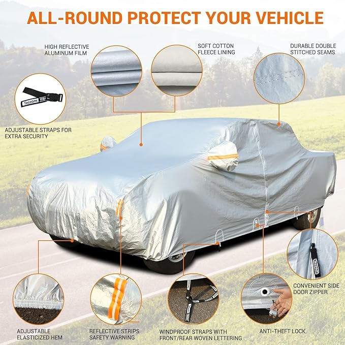 Tecoom Truck Cover Waterproof All Weather, 3-Layer Fleece Lined Full Exterior Pickup Cover with Zipper Door & Lock, UV Snow Rain Outdoor Protection, Universal Fit Regular/Extended/SuperCrew Cab