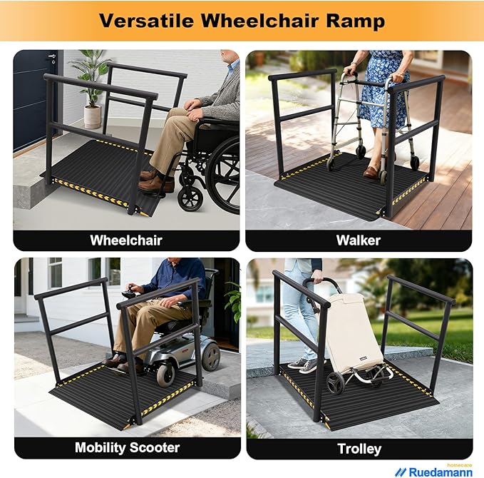 Ruedamann 3'L x 36" W Wheelchair Ramp with Handrails, Aluminum Wheelchair Ramps for Steps, Portable Wheelchair Ramps for Home Steps,Non-Slip Handicap Ramps for Stairs, Doorways, Walkers, Black