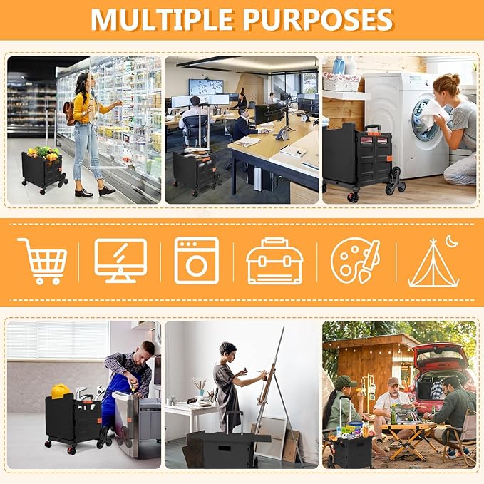 Foldable Utility Cart with Stair Climbing Wheels,Collapsible Rolling Crate with Magnetic Lid Telescopic Cover,Telescoping Handle,360° Rotate Wheel Hand Cart for Teacher Shopping Moving Grocery(Black)