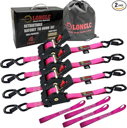 2-Pack Retractable Ratchet Straps Pink Heavy Duty - 1 Inch X 10Feet with Soft Loops, 2,000lbs Breaking Strength - Best for Trucks, Cargo Trailer, Motorcycle, Tie Down Straps Ratchet