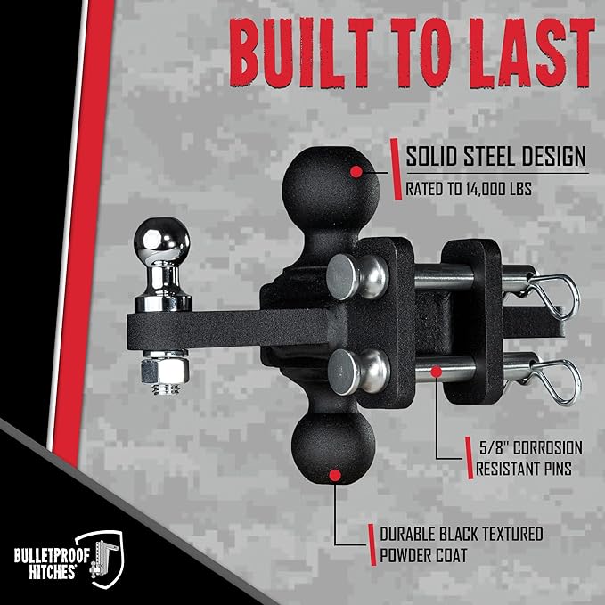 BulletProof Hitches - Medium Duty Sway Control Ball Mount with 2" and 2-5/16" Combination Ball - Rated to 14,000 lbs for Trailer Sway Control - Solid Steel, Black Powder Coat, Corrosion Resistant