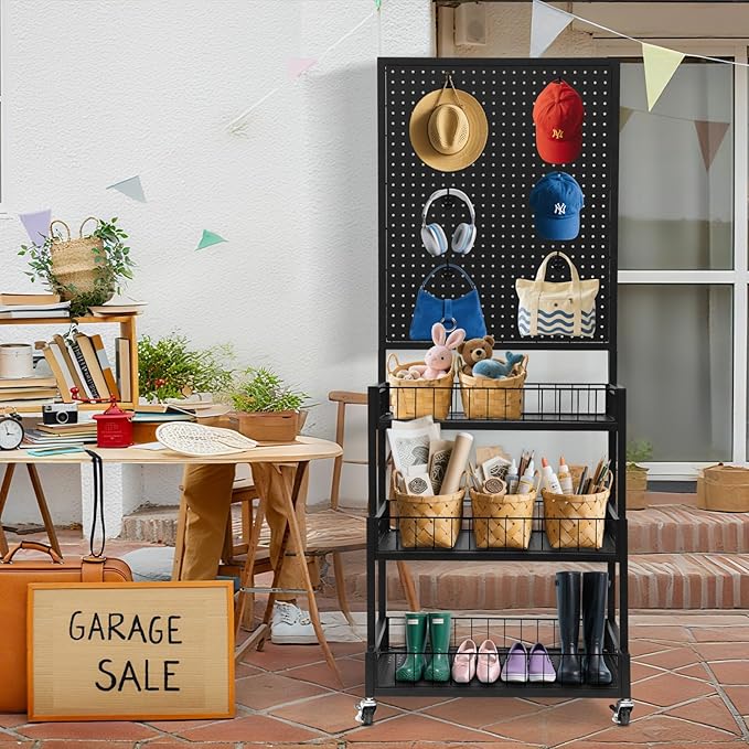 NectaCol Pegboard Panels, 3-Tiers Metal Pegboard Display Stand with Peg Board Panel, Standing Pegboard Display Rack, Craft Show Display, Art Display and Retail Display Stand with 10 Hooks - Black