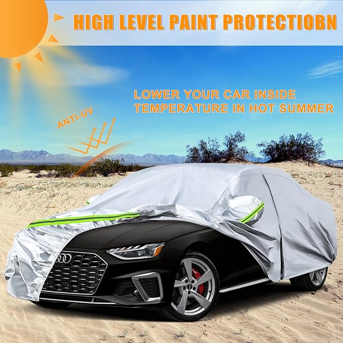 Waterproof Car Covers Replace for 2008-2025 Audi A4/S4 Sedan, 6 Layers Silver All Weather Custom-fit Car Cover with Zipper Door & Windproof Bands for Snow Rain Dust Hail Protection