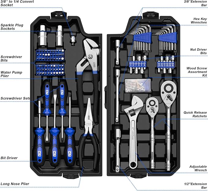 Prostormer 240-Piece Mechanics Tool Set, General Assorted SAE/Metric Sockets and Wrenches Automotive Repair Tool Kit with Plastic Storage Toolbox