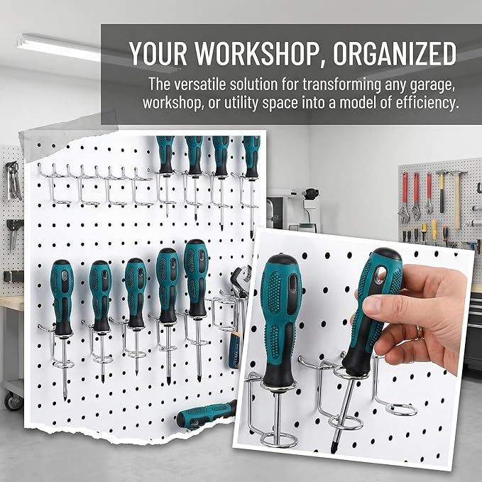 5Pcs Pegboard Screwdriver Holder Tool Organizers Double-Ring Peg Board Hang Tool Holders Hooks and Hangers for Screw Drivers Wrench Hammer Pliers Storage Accessories Wall Mount Tool Storage