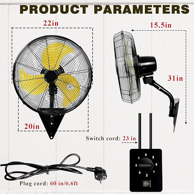 TMWINGS 20 Inch Wall Mount Fan, Heavy Duty Oscillating Wall-Mounted Fan with 6600 CFM, High Velocity 3 Speed Fans with Adjustable Tilting for Workshop, Garage, Patios, Commercial and Industrial
