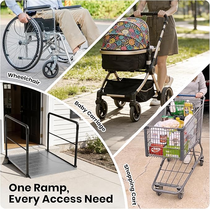 4FT Wheelchair Ramp with Handrails, Heavy Duty 800 lbs Capacity, Aluminum Threshold Ramp for Home Steps, Doorways & Curbs - Semi-Permanent Non-Slip Access for Wheelchairs, Scooters, Seniors & Disabled