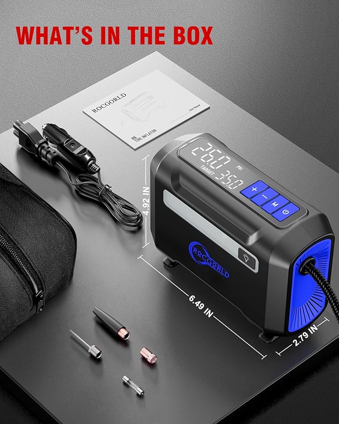 ROCGORLD R8 Tire Inflator Portable Air Compressor, DC 12V Air Compressor Portable with Large Dual Digital Screen, 3X Faster Inflation Air Pump for Car, Bike, Ball, Motor (Blue)