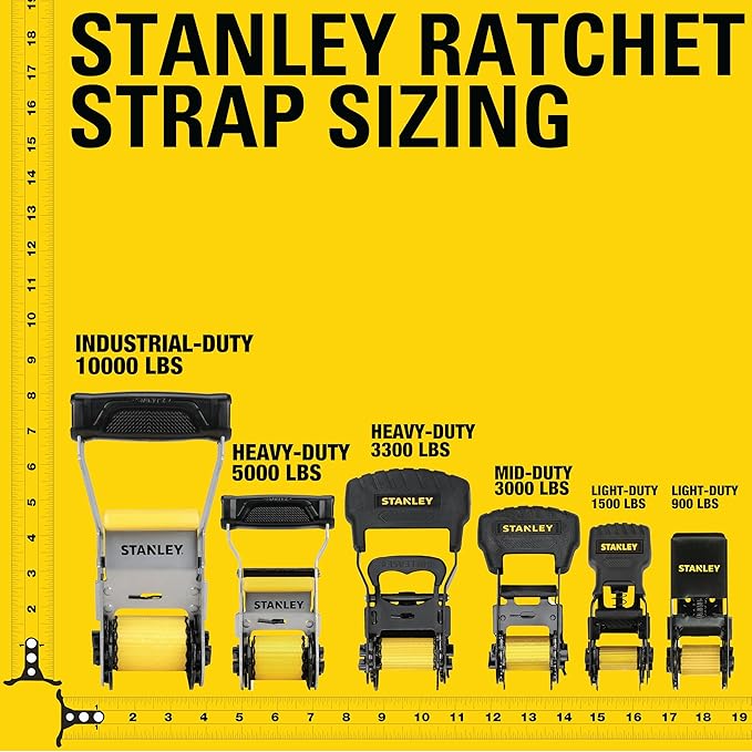 STANLEY S10002-12 Black/Yellow 1" X 12' Ratchet Straps - 500 LBS Safe Working Load / 1,500 LBS Break Strength, 2 Pack